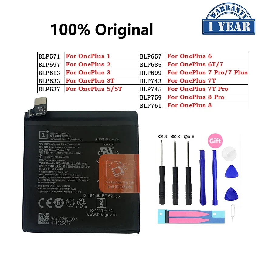 

100% Original Battery For OnePlus 1 2 3 1+ One Plus 3 3T 5 5T 6 6T 7 7T 8 Pro Plus 7Plus 7Pro 8Pro Phone Replacement Bateria