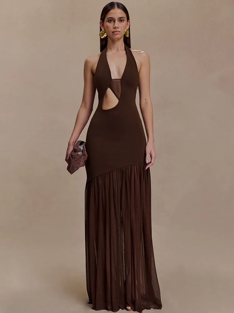 Articat élégant sans manches licou cou évider maille Patchwork femmes robe longue Sexy dos nu robe moulante fête robe de soirée