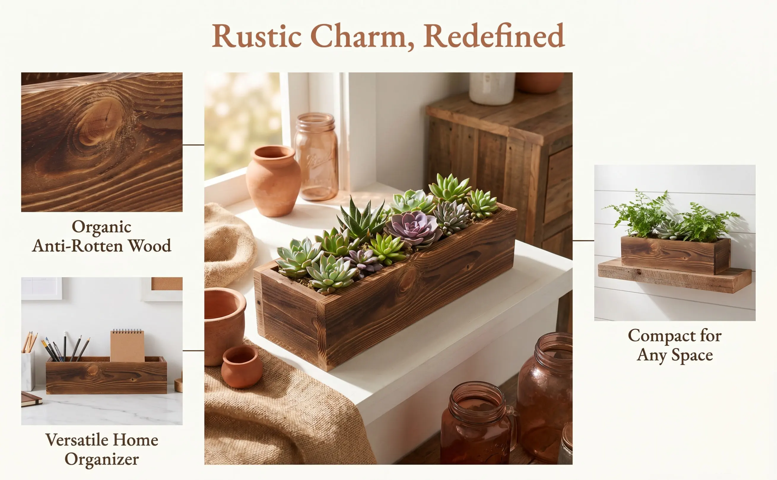 Wooden Corrosion-Resistant Flowerpot Retro Style Home Office Garden Decor Wood Planter Box Rustic Window Box Planters Outdoor