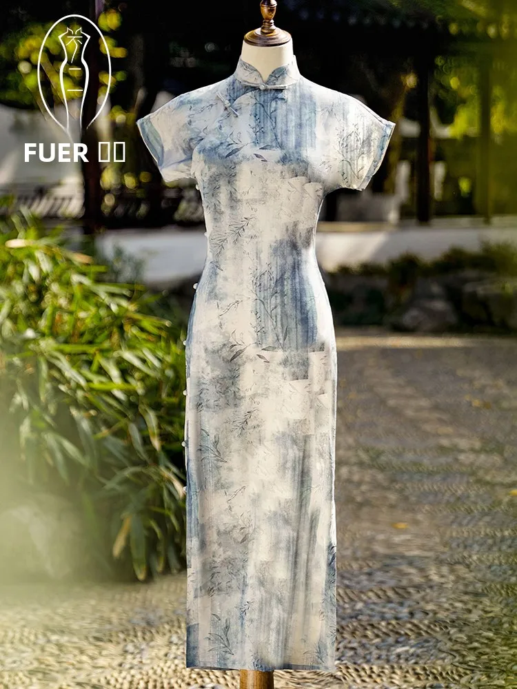 

Синий костюм Dr Slimming с китайским акварельным принтом, длинный, для повседневной носки молодыми женщинами