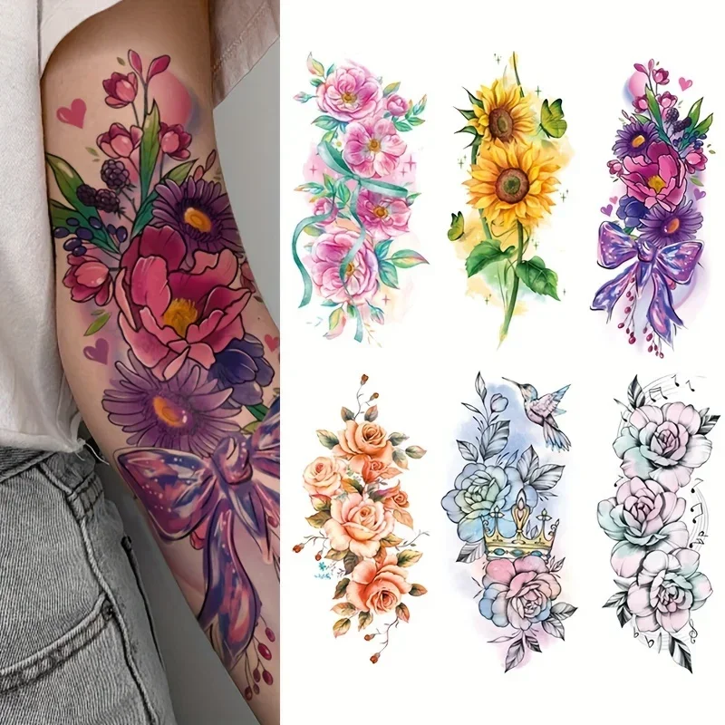 Tattoo Temporary for Woman Girl Half Sleeve Yellow Rose Lotus Leaf Owl Flower Tattoo Adhesive Waterproof Decor Arm Breasts Thigh