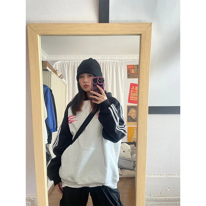 

Retro American Color Block Fleece Hoodie Women's Loose Oversize Trendy Brand Couple Outerwear Long Sleeve Regular Length