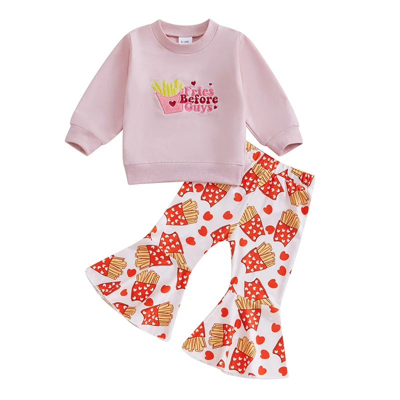 

Pudcoco Infant Kids Girls Fall Sets Fries Letter Embroidered Long Sleeve Sweatshirt Flare Pants Valentine's Day Outfits 6M-4T