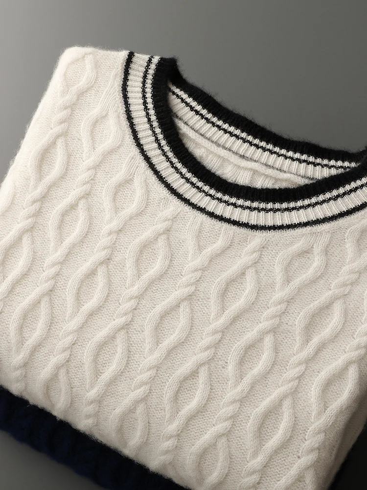 Autumn Winter Sweater Pullover Clothing 100% Merino Wool Basic Men's Sweater Casual Thicked Warm O-Neck Colorblock Jacquard Knit