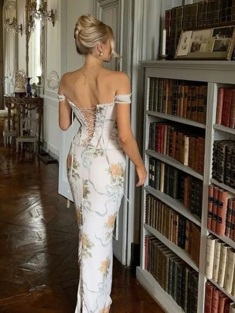 VC Garden romantique élégance blanc imprimé fleuri épaules dénudées robe à lacets mode Sexy robe Maxi