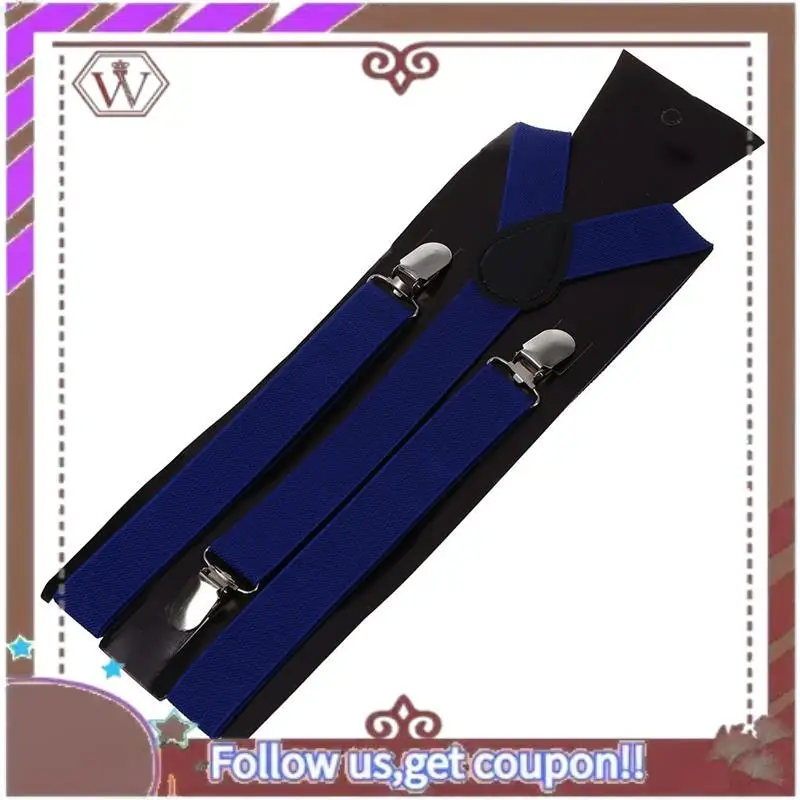 

(New)-3X Adult Adjustable Metal Clamp Elastic Suspenders Braces Dark Blue