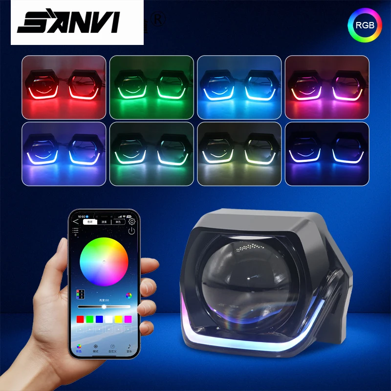 SANVI 3 Inch WRGB LED Angel Eyes Shourds With Turning Lights for Car Headlight Matrix Projector Lens DRL DIY Retrofit Auto Part