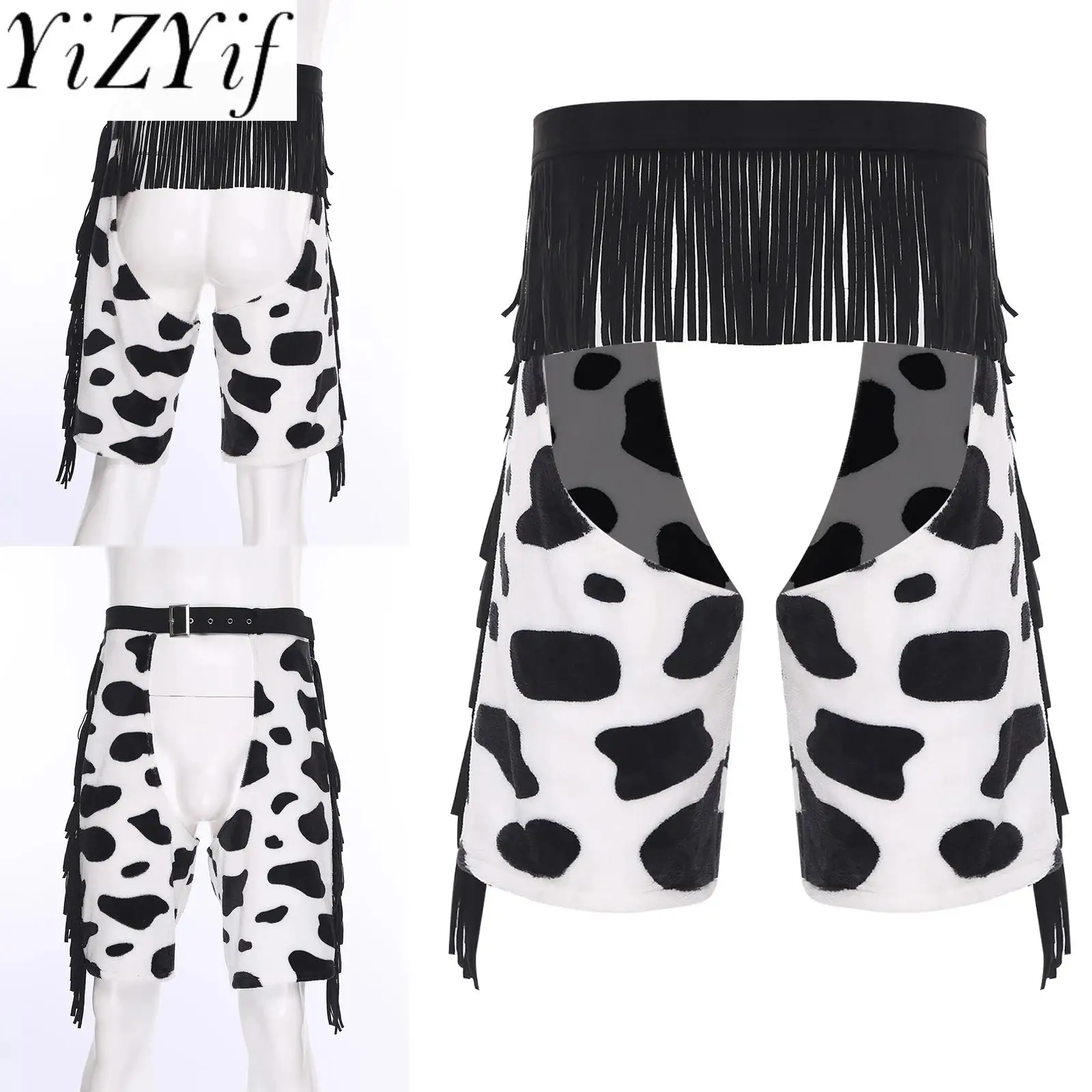 

Men Fashion Cow Print Cowboy Chaps Shorts Tassel Fringe Hollow-out Crotch Adjustable Waist Shorts for Nightclub Raves Party