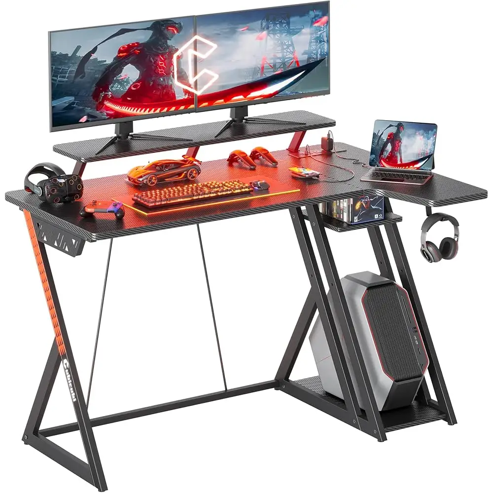 

Aurora Gaming Desk With Led Lights & Power Outlets, 47 H L Shaped Carbon Fiber Surface Desk With Storage Shelves, Small Corner