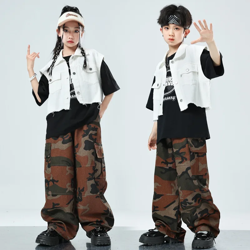 

Girls White Vest Hip Hop Clothing Boys Street Dance Costumes Children Camo Cargo Pants Jazz Modern Dance Costumes Streetwear Set