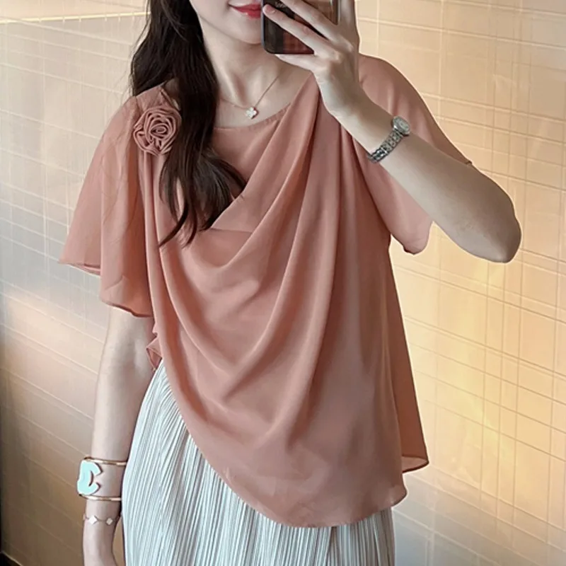 Camicette da donna in chiffon Camicie a fiori coreani MODA Allentate Primavera/Estate Abbigliamento vintage Top da donna a maniche corte tinta unita