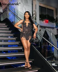 Sexy Glitter Black Short Prom Dresses 2025 Halter Neck Crystal Gems Birthday Party Gowns Homecoming Gown Robe Customized