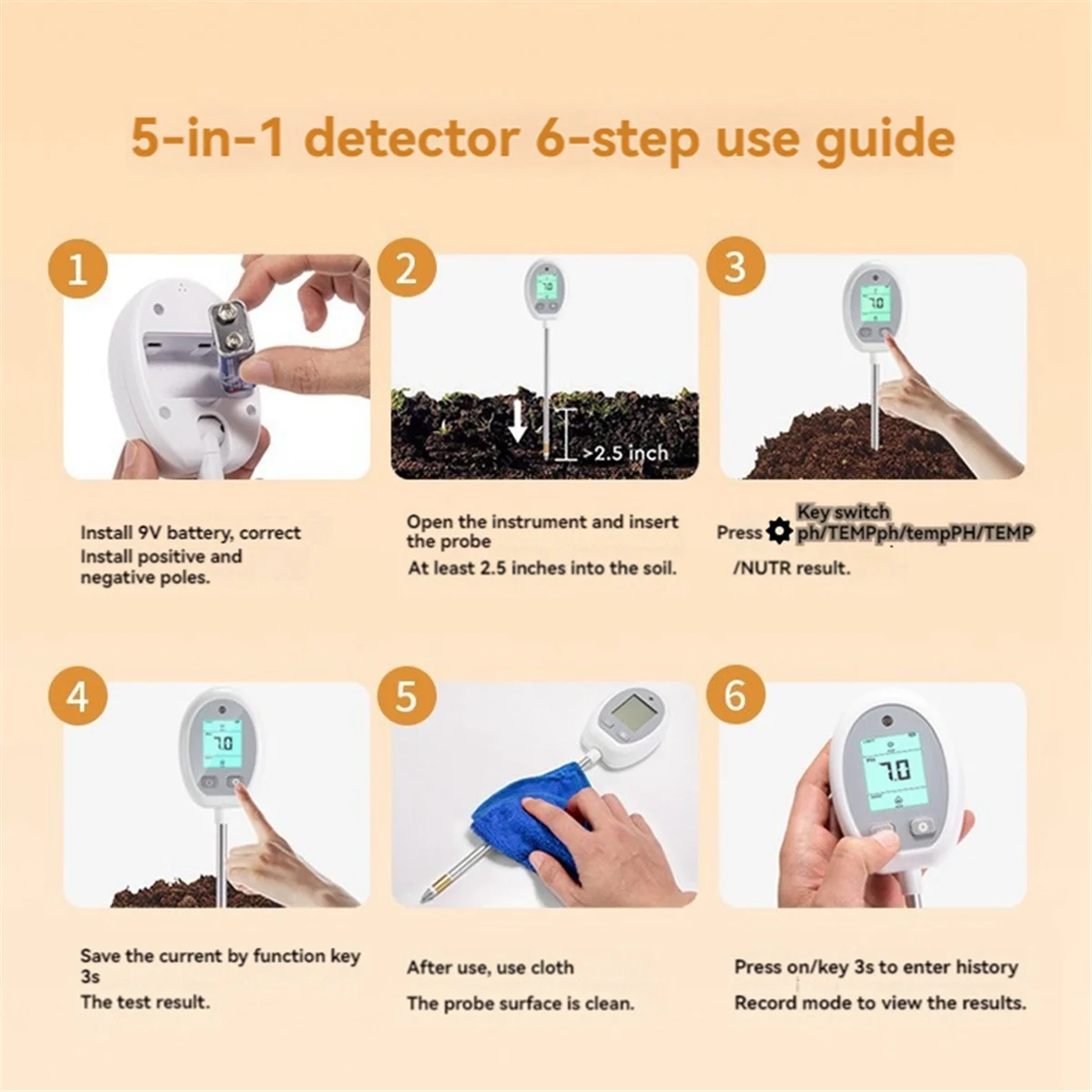 5 in 1 Soil Meter MOIST//PH/LIGHT/Temperature Meter Digital Monitor for House Plants Garden Lawn Farm White