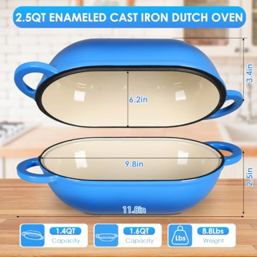 Чугунная голландская духовка с эмалированным покрытием 2,5 карата для выпечки хлеба. Безопасная кастрюля с крышкой. Идеально подходит для домашней выпечки.