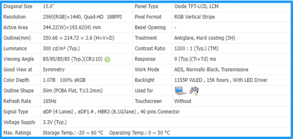 Imagem -02 - Tela Lcd para Lenovo Tela de Painel sem Toque Ips 156 Polegadas Qhd Qhd 2560x1440 165hz 40 Pinos 100 Rgb Loq 15irh8 Core i7