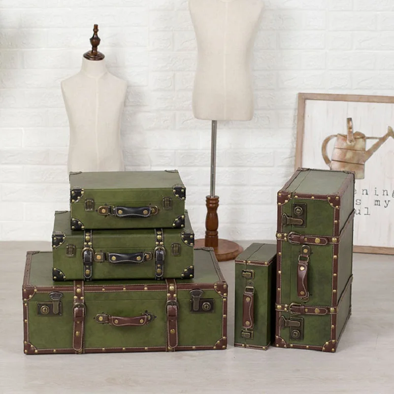 Vintage Leather Trunk with Wooden Accents Travel Storage Case, Antique Home Decor Luggage Box for Luxury Wedding Gift