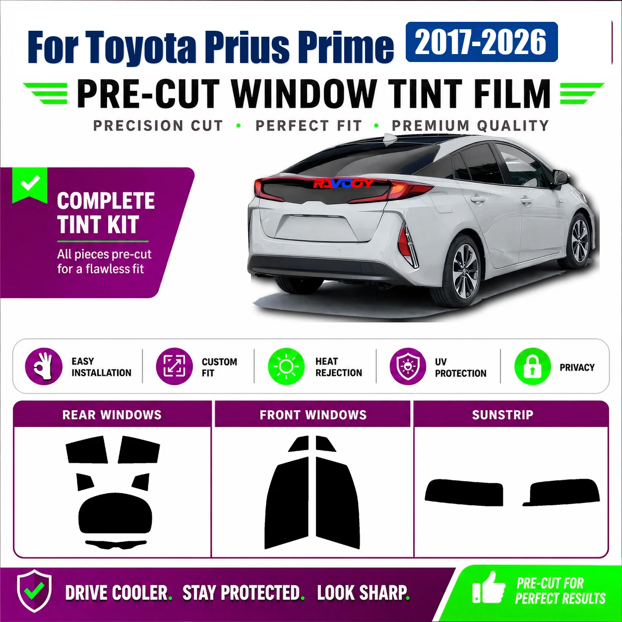 For Toyota Prius Prime 2017-2026 Tinted Complete Window Privacy Tint Film RAVOOY Heat Reject