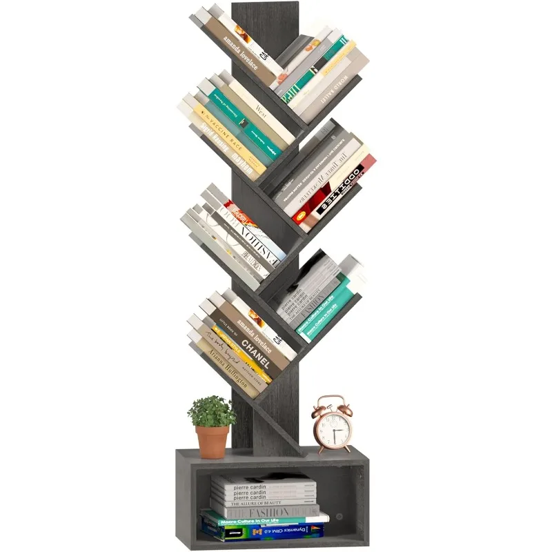 

Tree Bookshelf - 6 Shelf Retro Floor Standing Bookcase, Tall Wood Book Storage Rack for CDs/Movies/Books, Utility Book Organizer