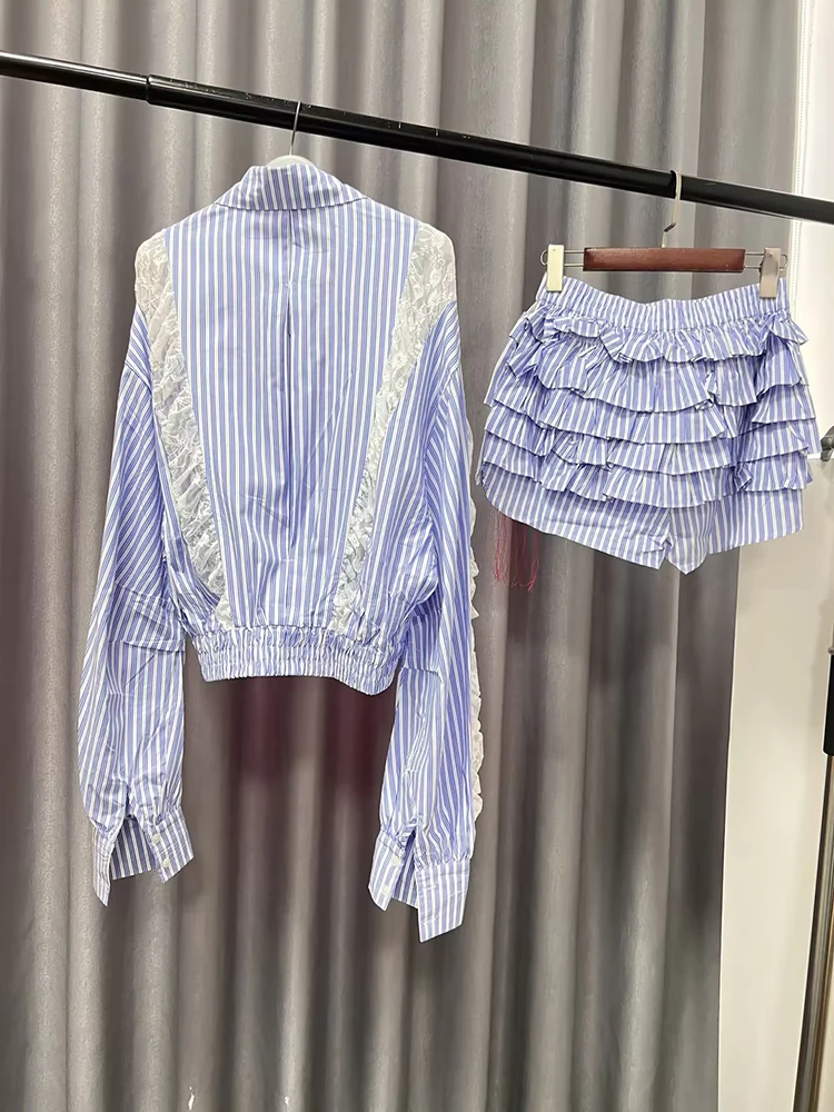 TWOTWINSTYLE Striped Two Piece Sets For Women Lapel Long Sleeve Top High Waist Shorts Patchwork Lace Casual Sets Female Fashion