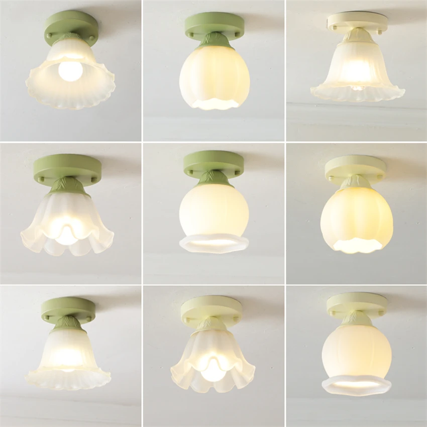 

French cream light green flowers bulb ceiling lamps aisle balcony lamp hallway glass cloakroom ceiling lamps deco E27 fixtures