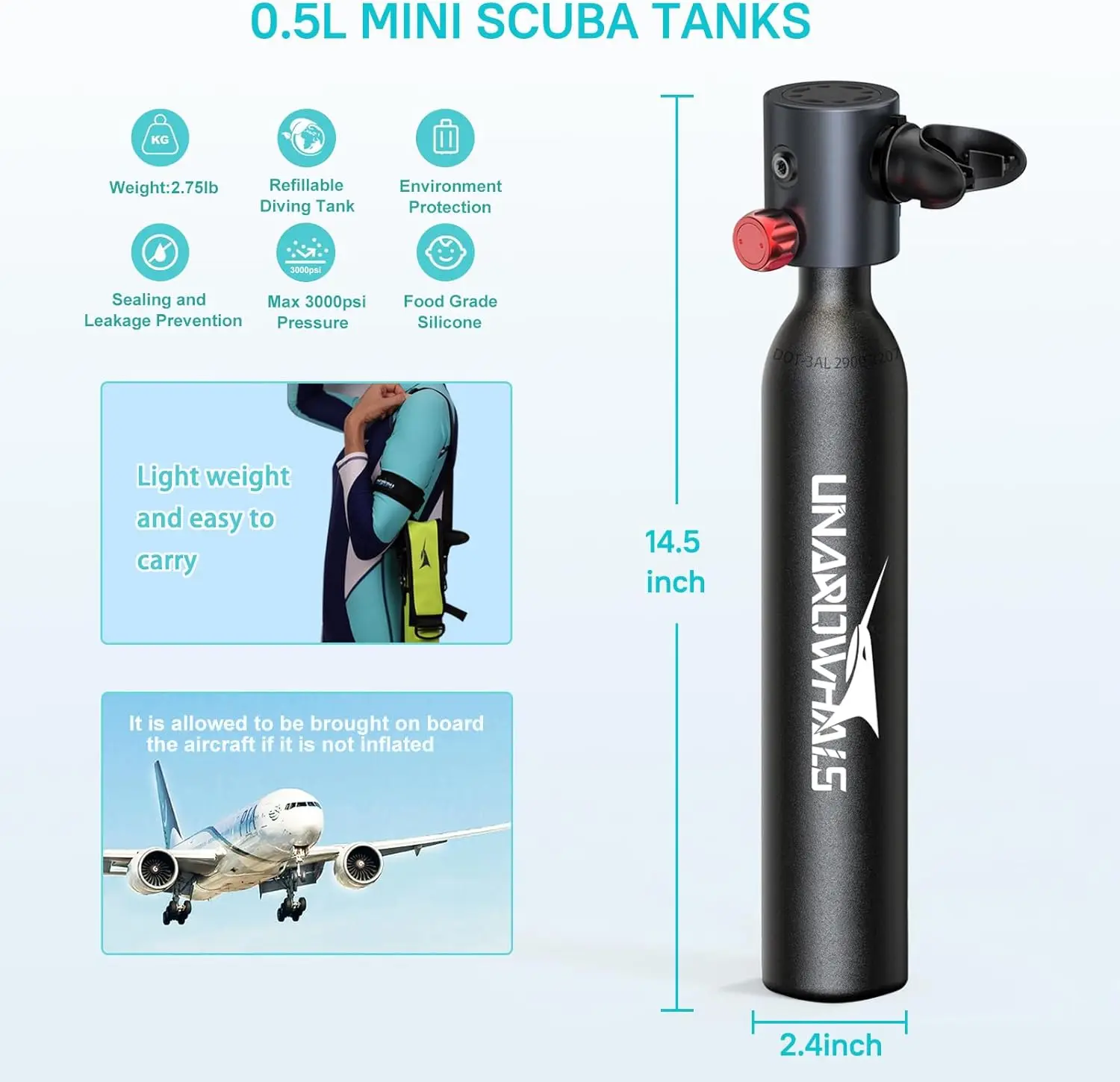 Minutes Usage Time Scuba Tank Kit, DOT/CE-EN250 Certification Dive Tank, 0.5L(3.5Cu Ft) Capacity Portable Scuba Tank, 3000 Psi M