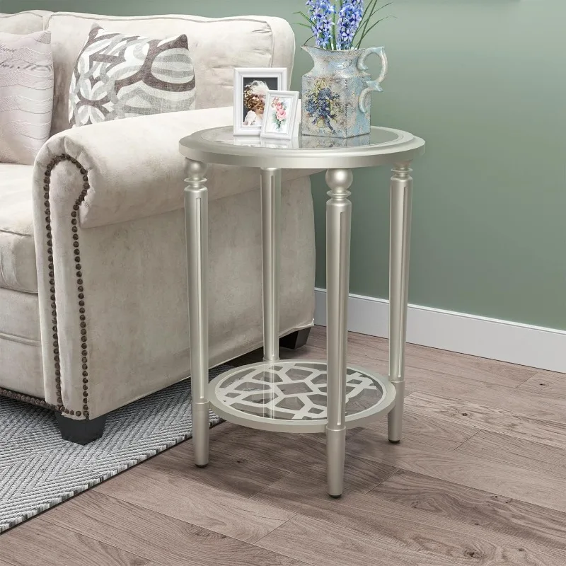 Modern Round End Table, 2-Tier Champagne Side Table with Tempered Glass Tabletop, Wood Accent Table with Storage Shelf