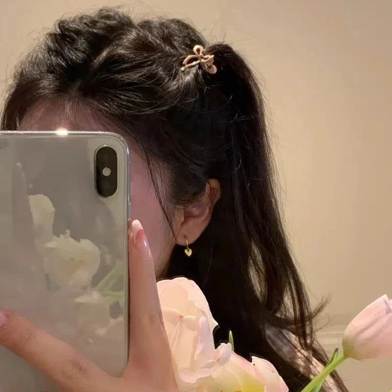 

2pcs Korean Style Ribbon Bow Design Alloy Hair Claws Barrettes Side Clips Mini Solid Color Girls Hair Accessories Headwear