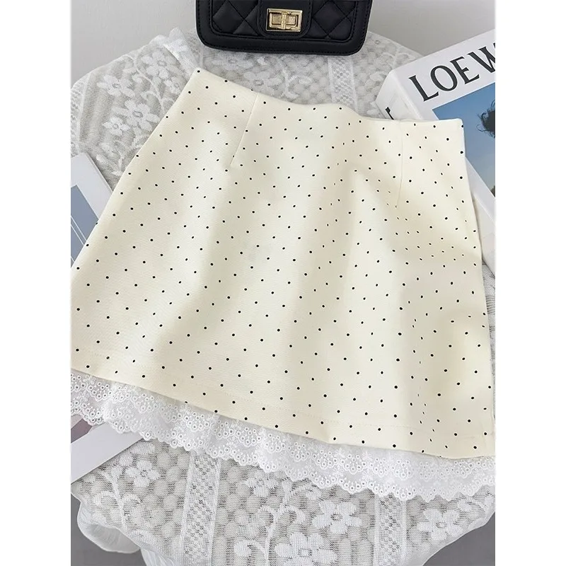 Gonna a pois patchwork con bordo in pizzo per donna nella primavera del 2025, nuova gonna corta da abito a trapezio snellente a vita alta in stile coreano