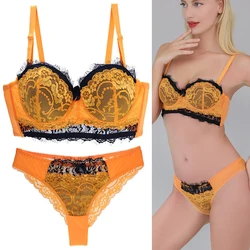 DaiNaFang New Sexy Floral Bow Women Bras Set Push Up Underwear Yellow Red Pink Blue Beige ABCDE Cup Plus Size Lace Lingerie