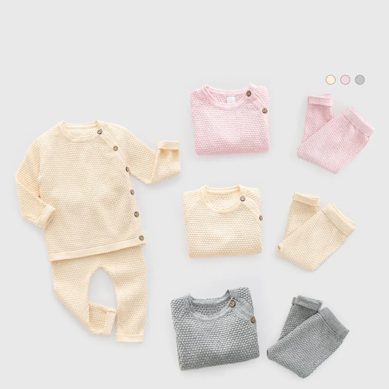 

new Spring Autumn Newborn Girls 2PCS Sleep Set Solid Wave Point Side Buckle Knitwear Cotton Elastic Pants Suit Baby Girl Pajamas