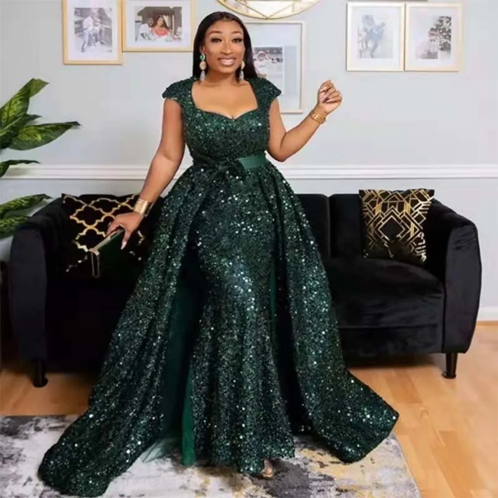 

Elegant Hunter Green Sequins Mermaid Evening Gowns Short Cap Sleeves With Detachable Train Prom Dresses Dubai robes de soirée