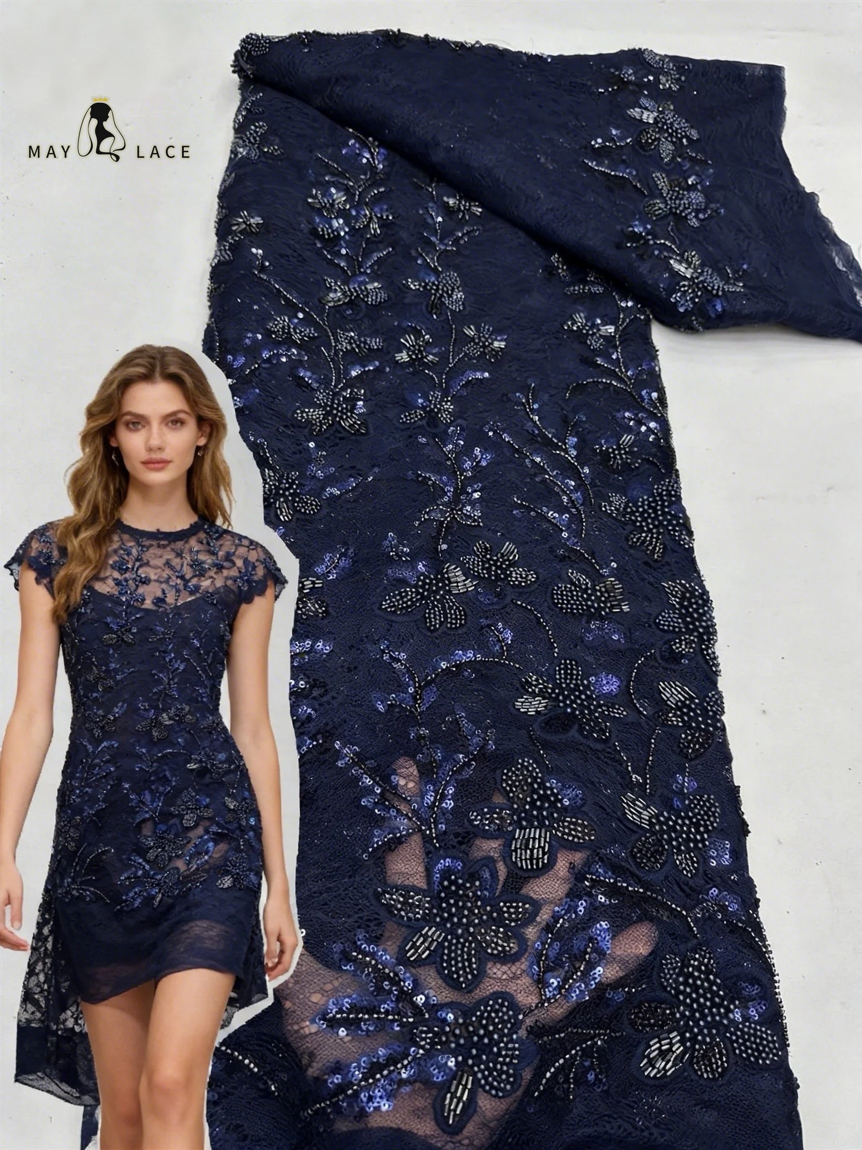 

Navy Blue African Embroidered Sequins Lace Fabric 2026 Luxury French Beaded Lace Fabric for Bridal Wedding Party Dress Sewing
