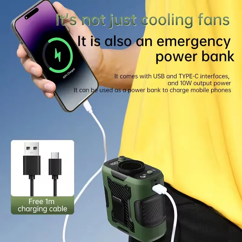 

Hands Free Portable Rechargeable Fan with 6000mAh Power Bank, 13500RPM High Speed, Clip On Waist Fan for Outdoor Travel Hiking