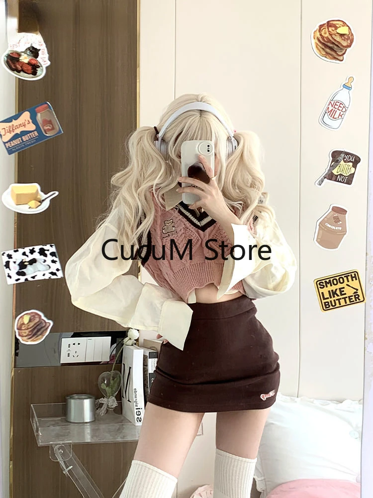 Korean Women Clothes 3 Piece Set Fashion Skirts Outfits Knitted Cropped Vest Long Sleeve White Shirt Bodycon Mini Skirt Suit