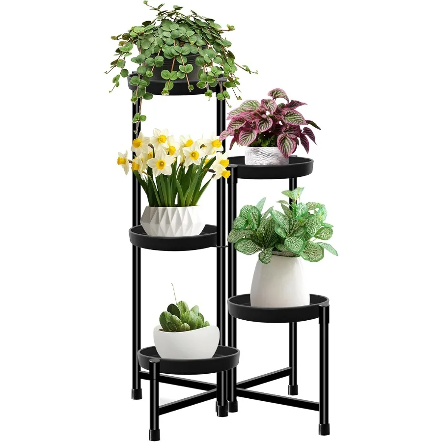 

Plant Stand Indoor Outdoor Tall Black Metal Rustproof Stable Plant Stands 5 Tier 31.6 inch Foldable Multiple Plants Rack
