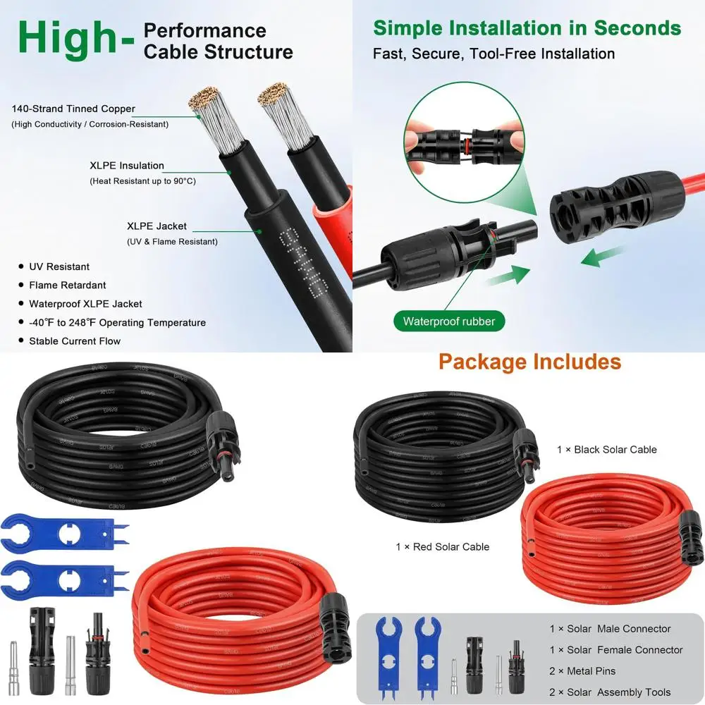 

Кабель-удлинитель 8AWG, 20 футов, красно-черный, для панелей и фотоэлектрических систем, с ключами для отсоединения и дополнительными разъемами (папа/мама) для автодомов