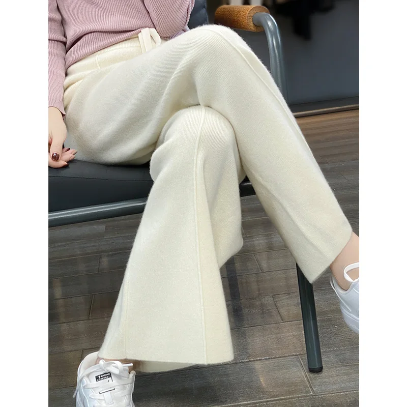 100% wool knitted wide-leg pants women\'s fall/winter mid-seam elastic high waist straight pants loose mop pants