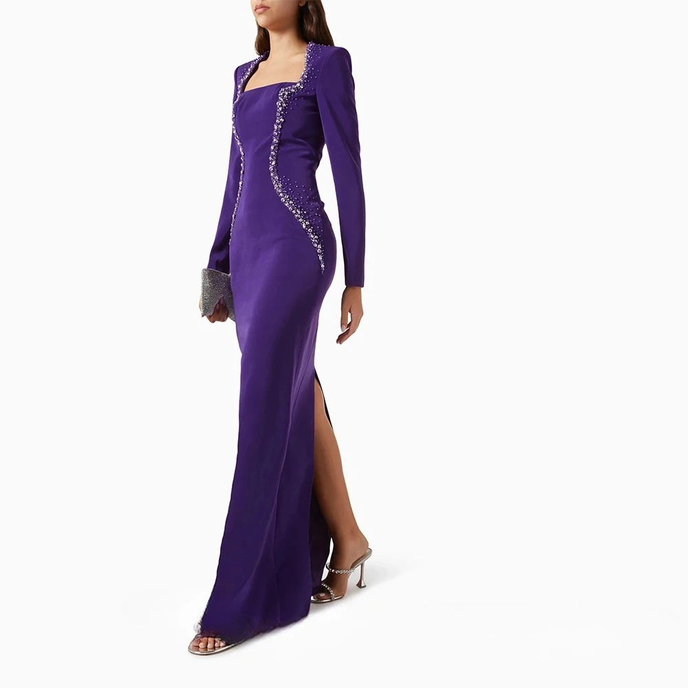 Vestido de noite roxo personalizado, pescoço quadrado, miçangas, mangas compridas, camisa elegante, vestidos de noite longos, formais, vestidos de festa