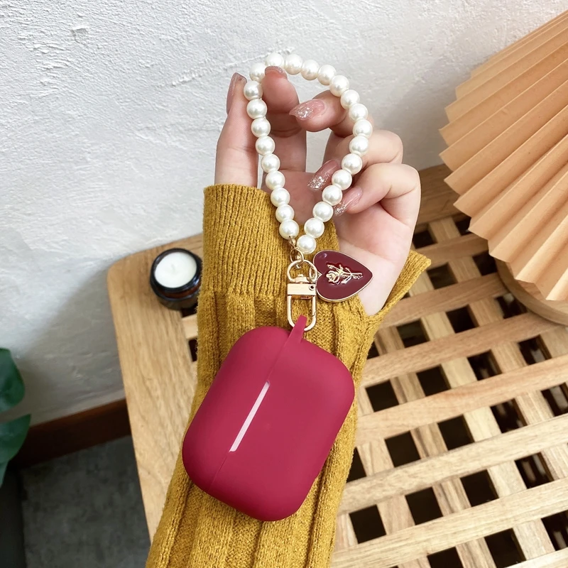 INS Cute Wine Red Silicone Earphone Case For apple Airpods 2 3 Pro Headset Box Cover For AirPods 4 Vintage Roses Pearl Keychain