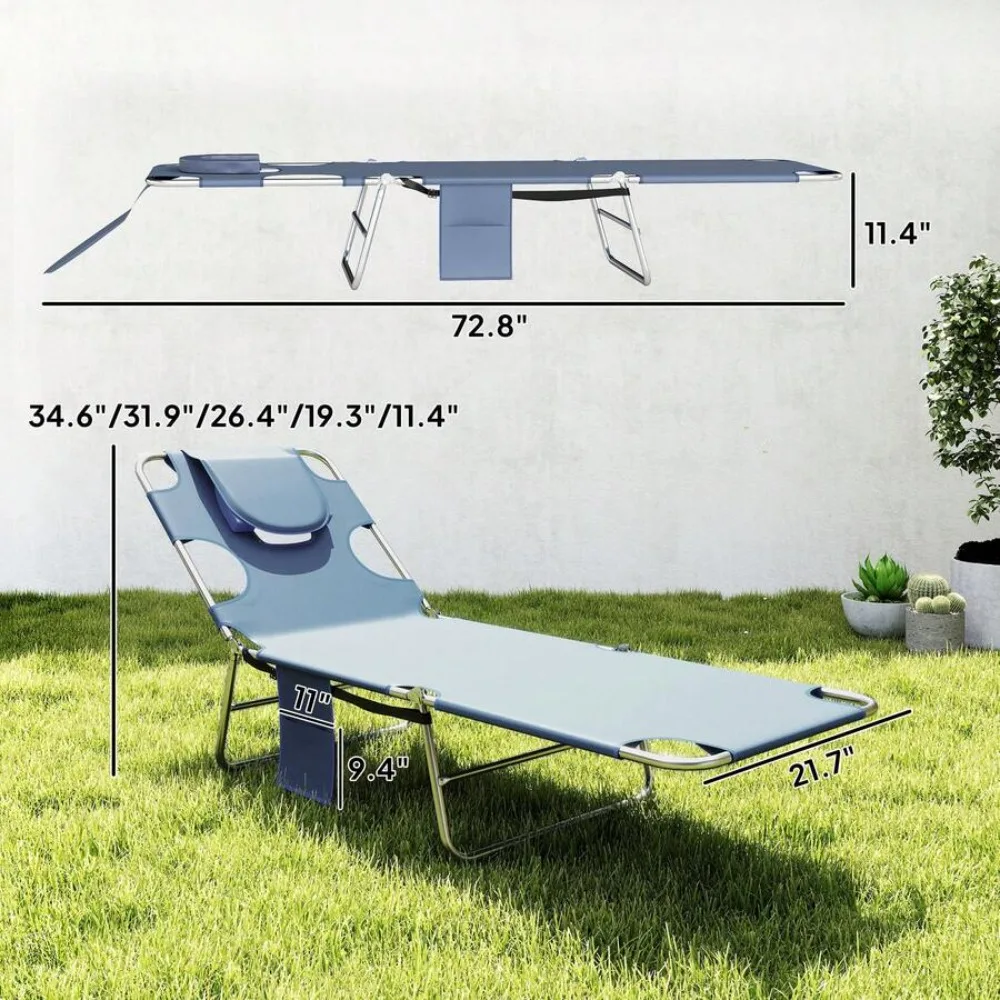 Tanning Chair With Face Hole 5-Level Adjustable Outdoor Chaise Lounge Chair With Pillow for Beach Pool Patio Backyard Summer Tanning Bed Folding Recliner Portable Heavy Duty Aluminum Frame UV Resistant Gray view 3