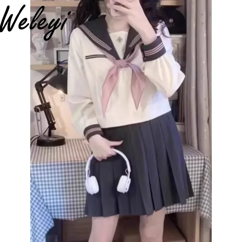 Genuine Cutecore College Style Jirai Kei Uniform Suit Autumn and Winter Knitting Cardigan Sailor Y2k Set Fashion Sweaters Sets