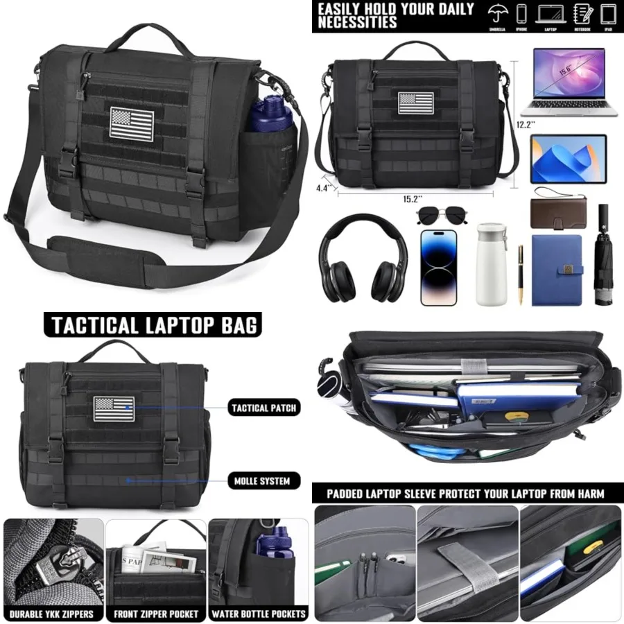 Mens Messenger Bag, Tactical Inspired 15.6 Inch Laptop Briefcases Computer Satchel Office Work Bag for Men YKK-Zippers, Black