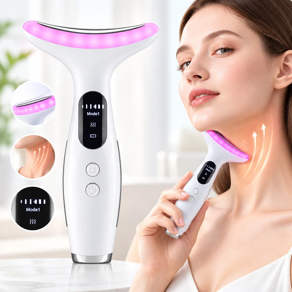 Gesichts- und Nackenmassagegerät 7-in-1 LED-Lichttherapie Schönheitsgerät Vibrations- und Heizfunktion Hautpflege-Werkzeug für Frauen Gesichts- und Nackenmassage