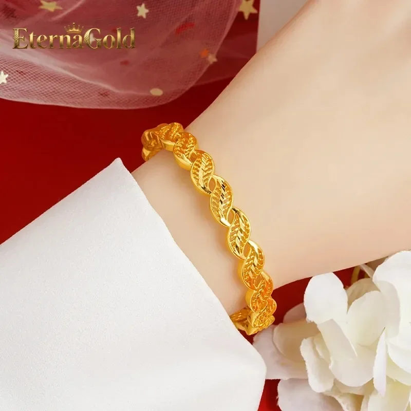 

EternaGold Luxury 24K 9999 Pure Gold real gold Women's Leaf Bracelet Hollow Twist Buckle Bracelet