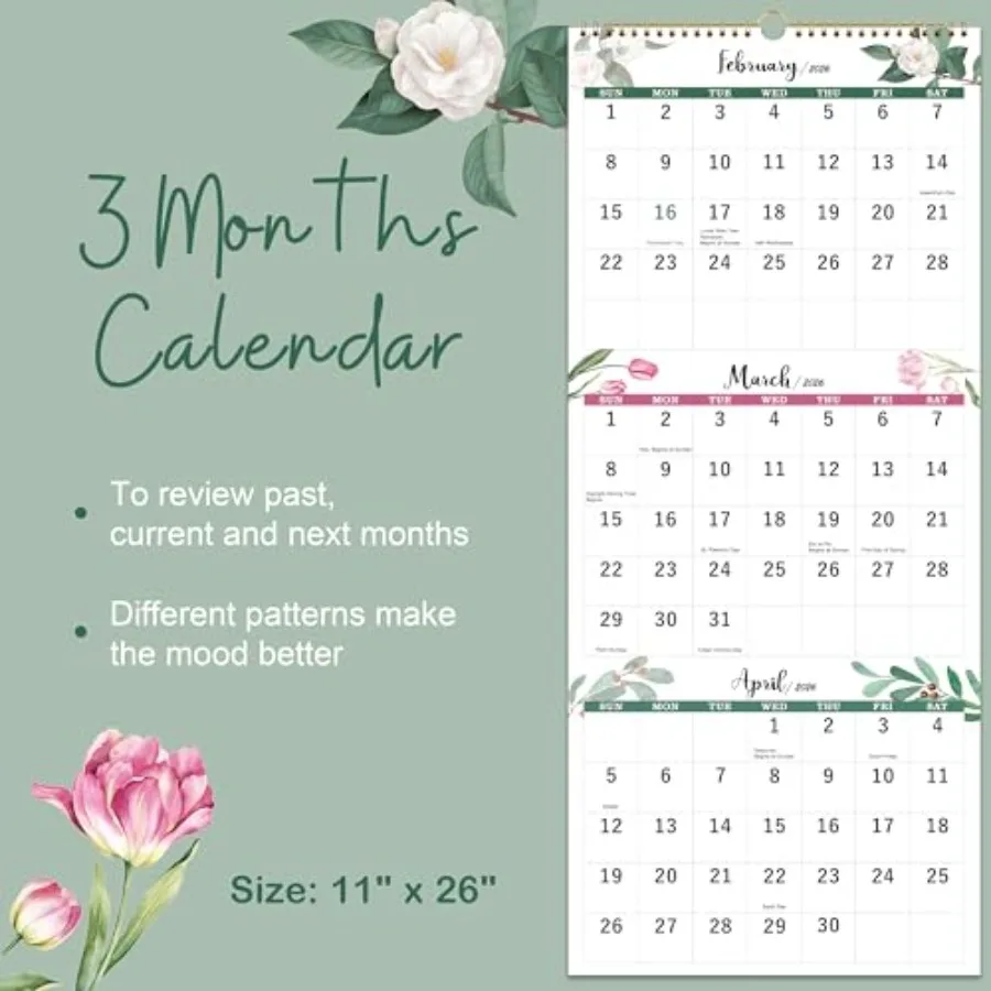 2026 Calendar 3 Month Display Wall Calendar 2026 Jan. 2026 Dec. 2026 11.3" x 26" 3 Month Calendar with Thick Paper Vertical Cal