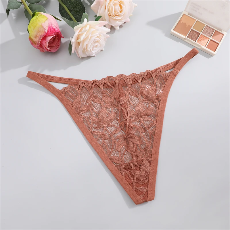 FINETOO 3Pcs/Set Lace Floral Thongs Hollow Out Underwear Women\'s Panties Sexy Low-Waist Perspective G-string Breathable Lingerie