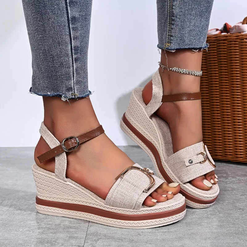 Ladies Buckle Wedge Sandals Platform High Heels Retro Open Toe Casual Shoes for Women Summer Beach Vacation Slides Women Sandals