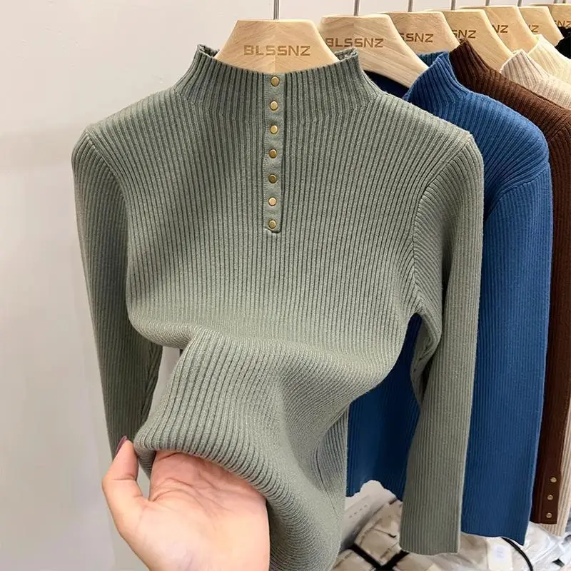 Suéter de punto de Cuello medio alto grande para mujer, suéter versátil de manga larga, nuevo diseño de moda, Otoño e Invierno