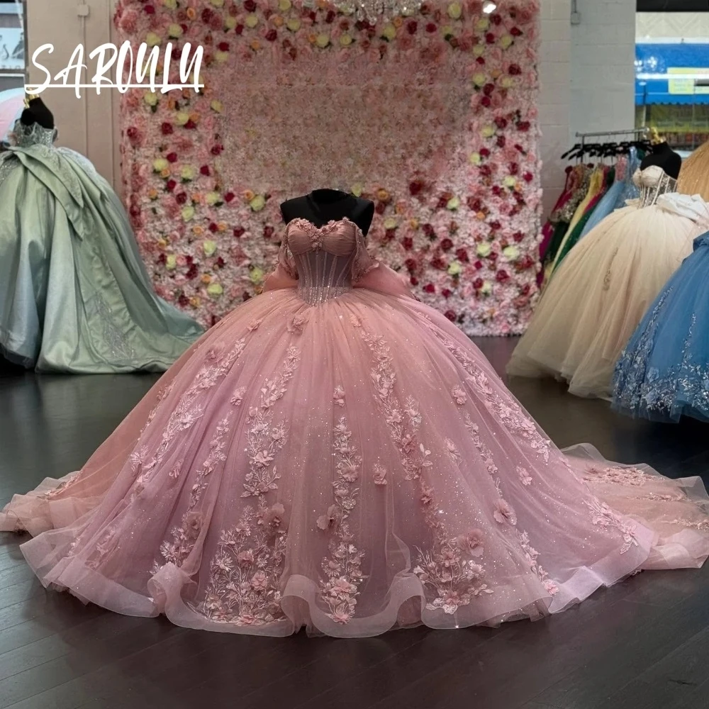 

Blush Pink Quinceanera Dress With 3D Floral Appliqués & Sparkling Tulle Train Graceful Romantic Lace Up Back Customized Gown