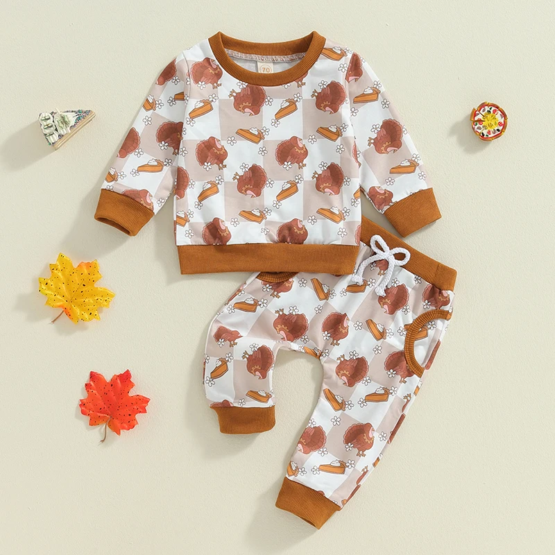 

Toddler Thanksgiving Pants Set Turkey Checkered Print Long Sleeve Round Neck Tops Drawstring Pocket Long Pants Unisex Outfits